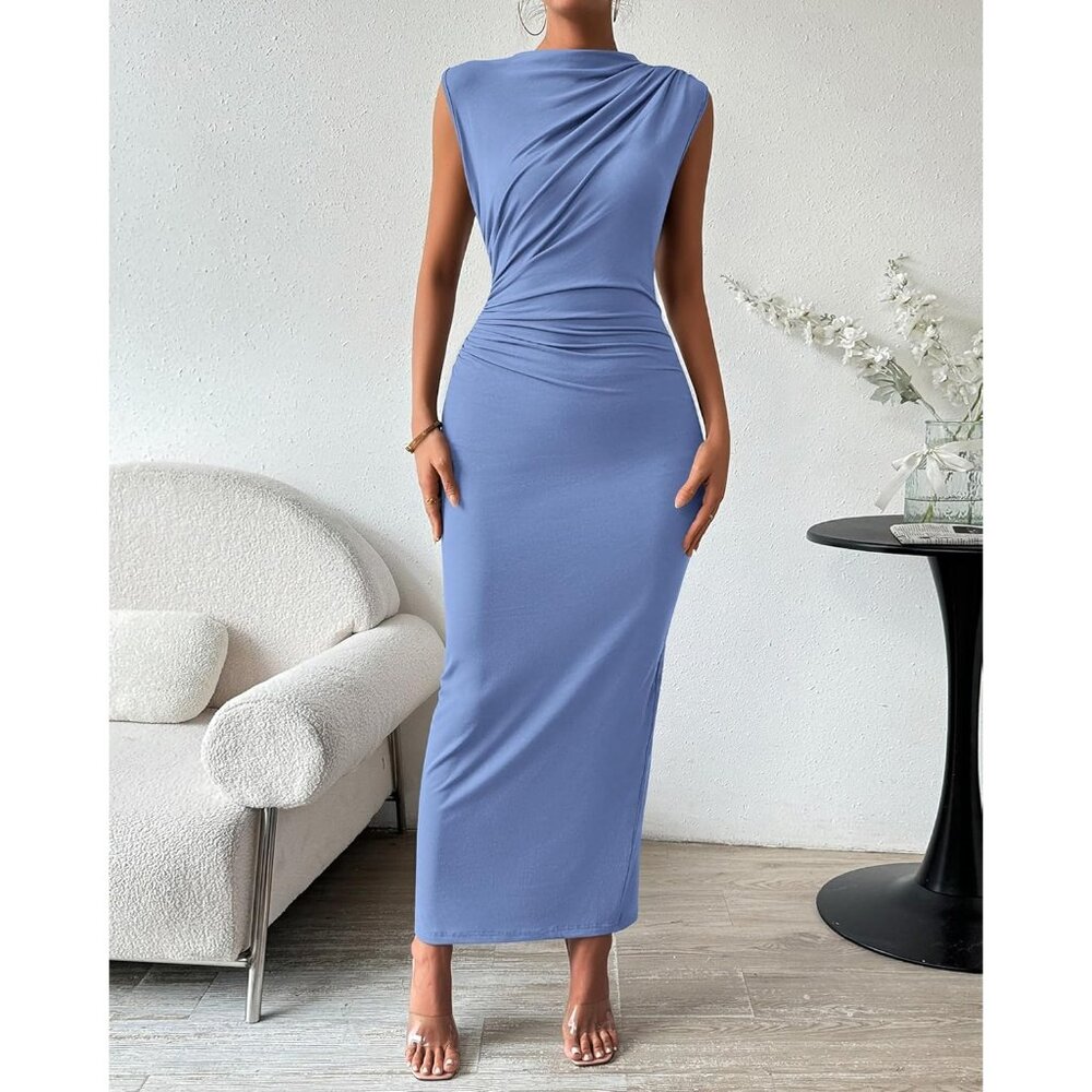 Women's Blue Ruched Bodycon Summer Casual Sleeveless Slit Elegant Maxi - Picture 2 of 6